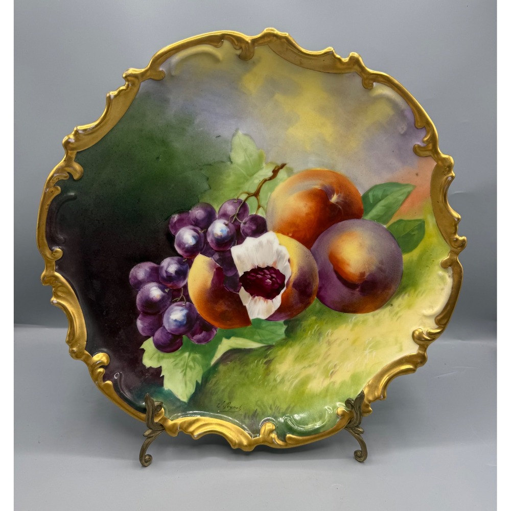 Limoges Coronet France 13" Hand Painted J. Peyrot fruit Plate Rococo Gold Gilt